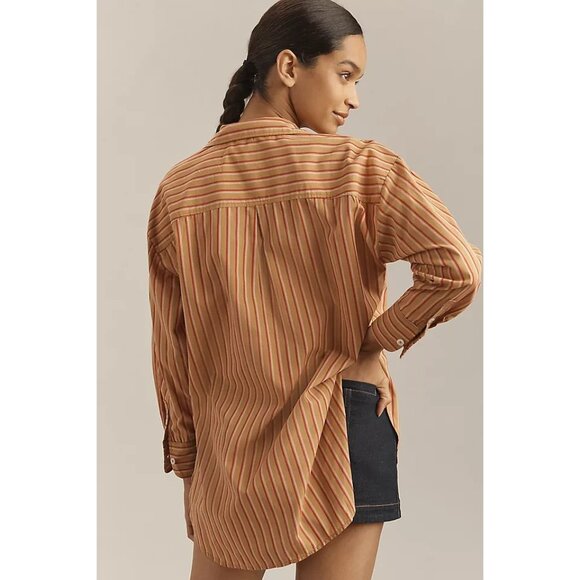 Anthropologie Maeve The Bennet Button down Shirt Cotton Brown Striped L - Picture 2 of 2